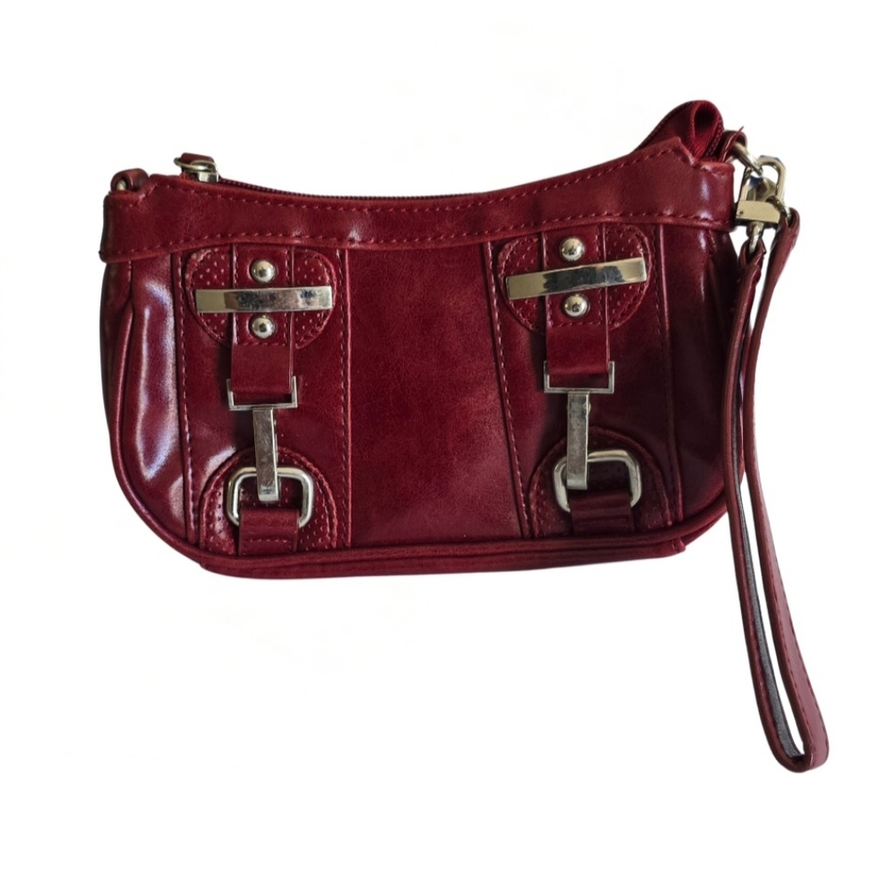 Burgundy Y2K Wristlet Purse Shiny Faux Leather Silver Buckles Small Bag